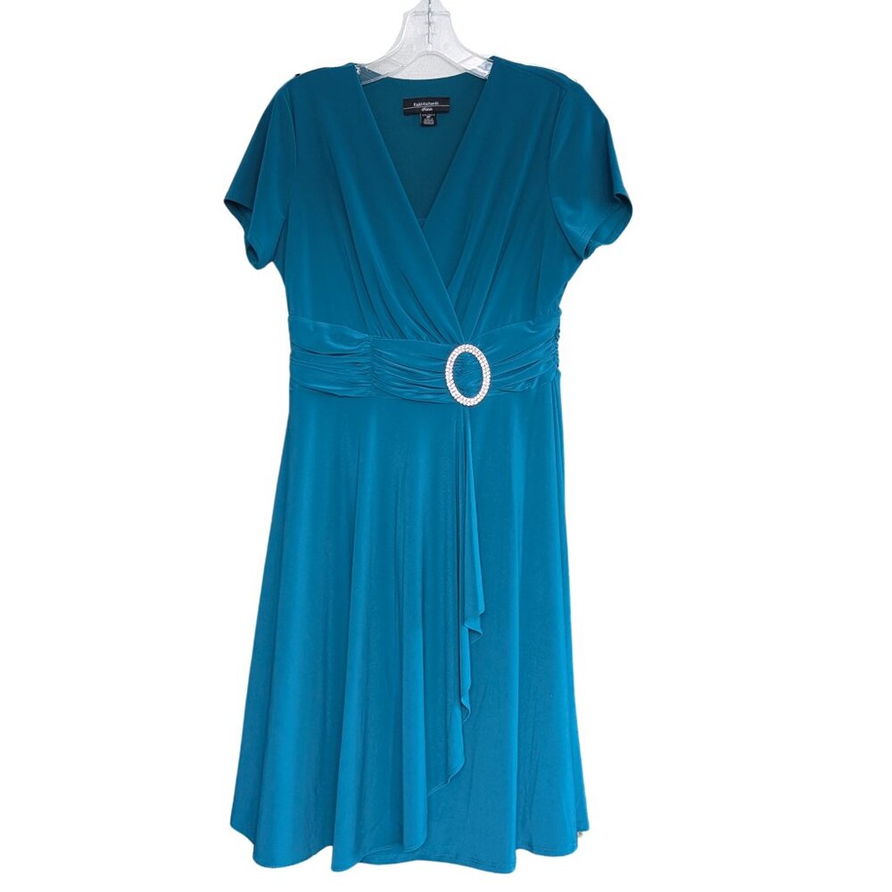 R&M Richards Petite Teal Fit & Flare Dress Rhinestone Buckle NWT | Size 8P - Picture 2 of 6